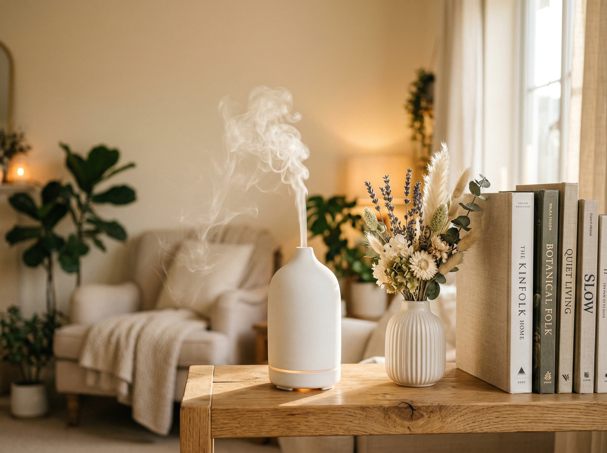 Essential oil diffuser creating a mist of aromatic vapor in a cozy home setting