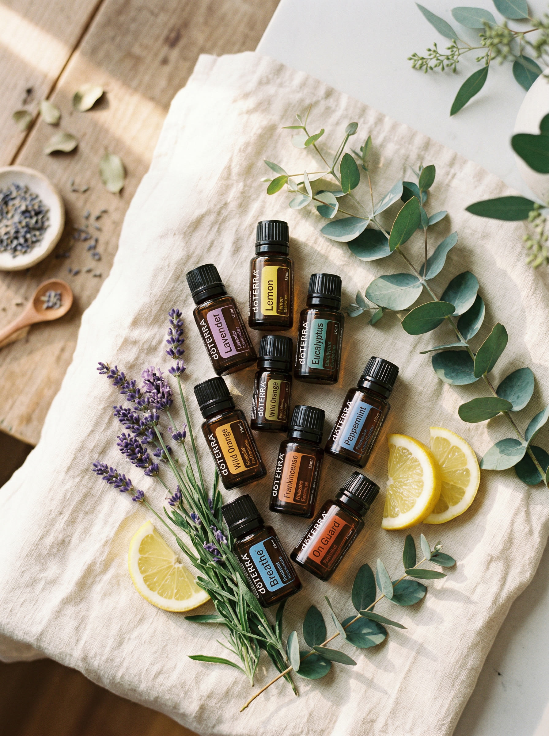 dōTERRA essential oil bottles with lavender sprigs on a natural linen surface
