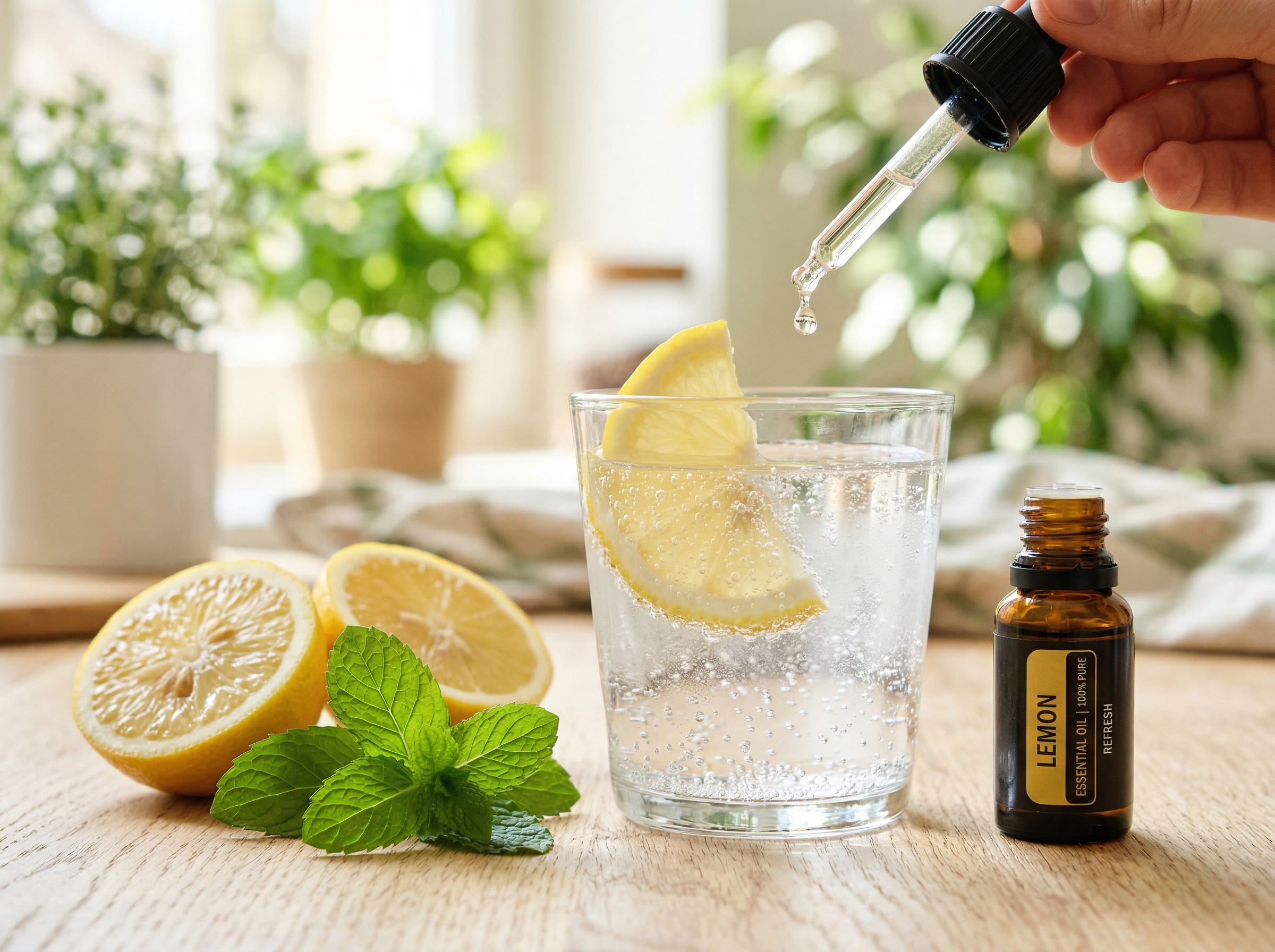 A glass of water with lemon essential oil drops, alongside a glass dropper bottle and fresh lemons