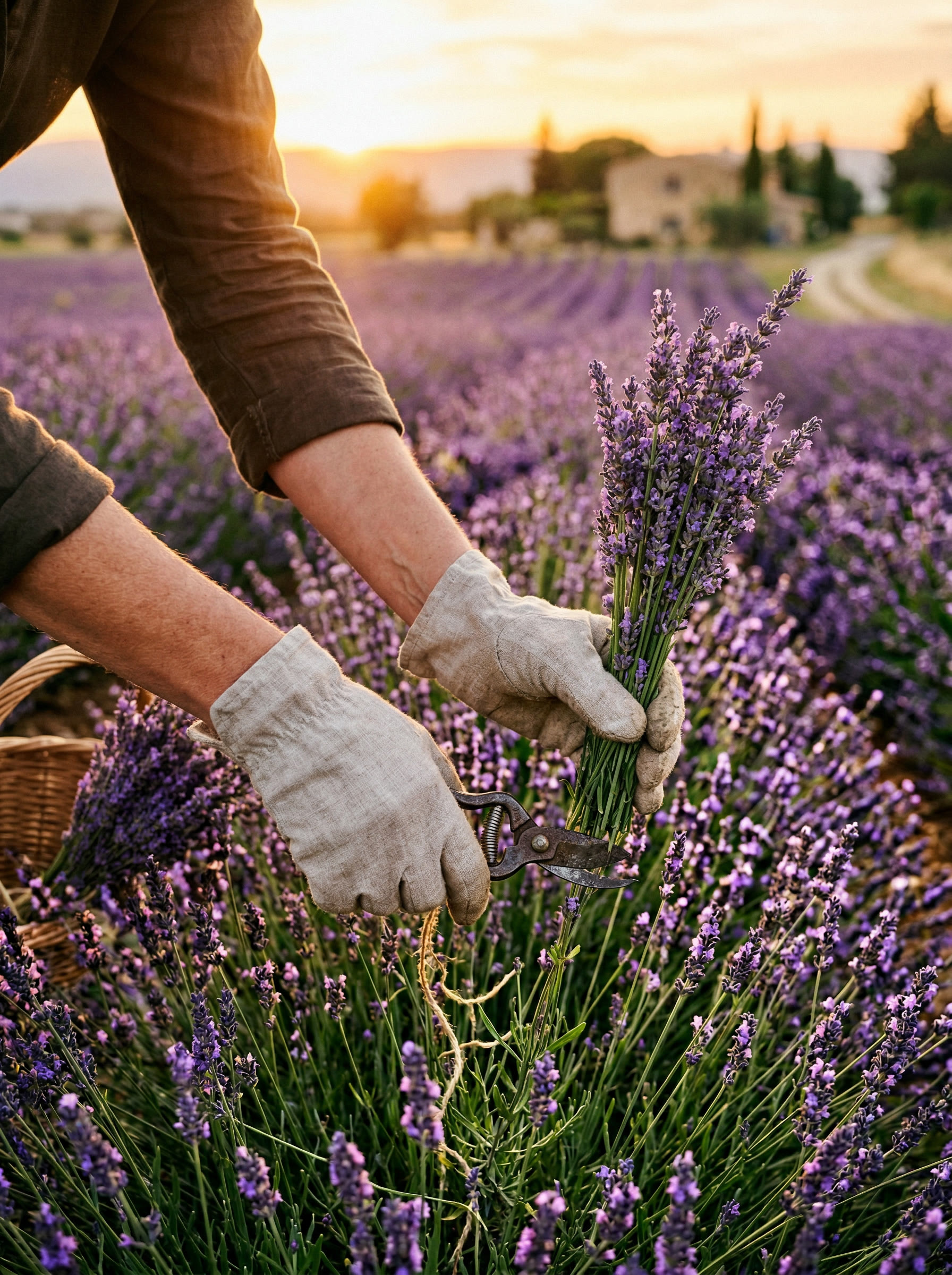 Hands harvesting lavender in a field at golden hour, with rows of purple lavender stretching into the distance