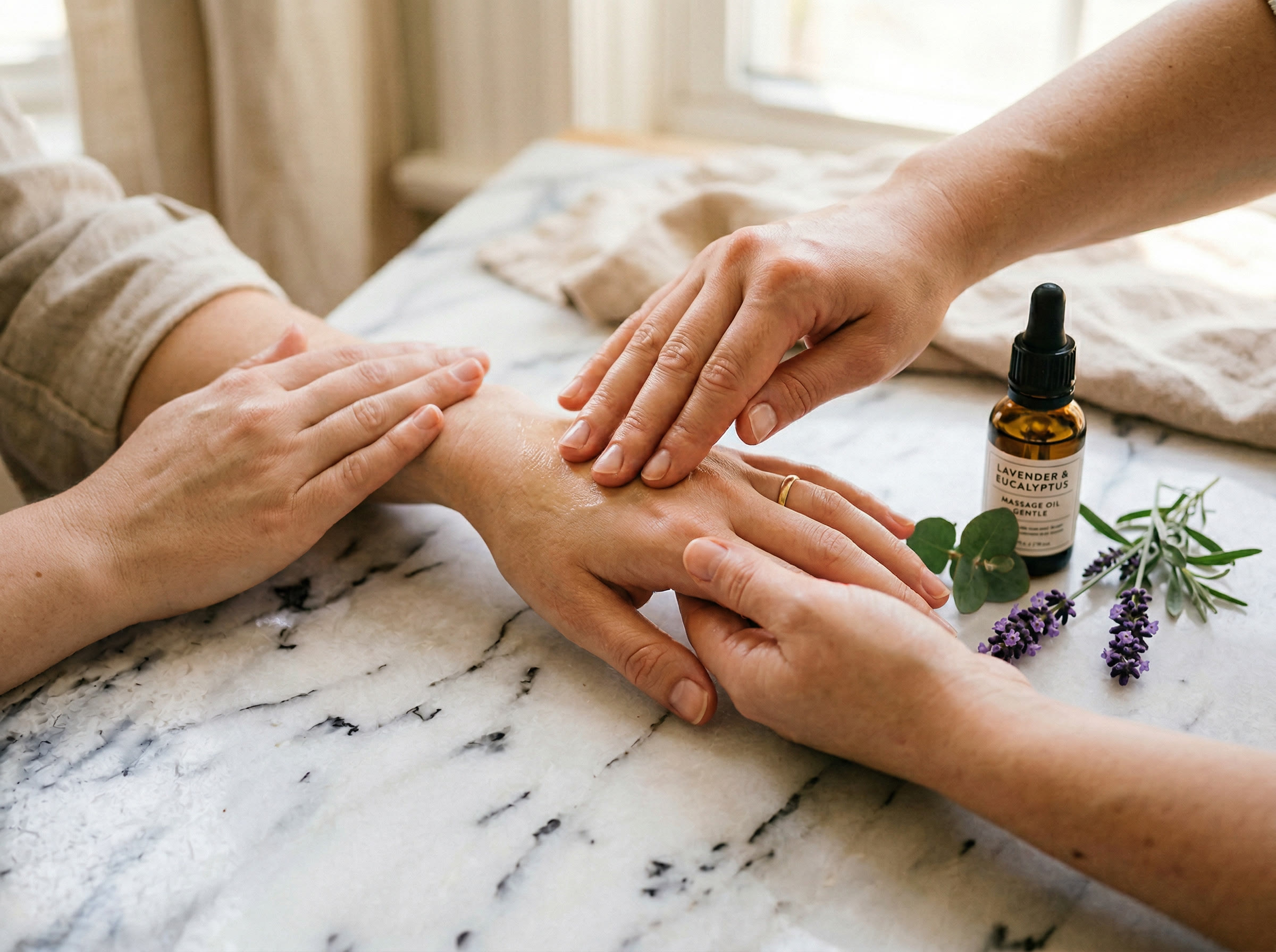 Hands applying essential oil diluted in a carrier oil to skin, with botanical elements nearby